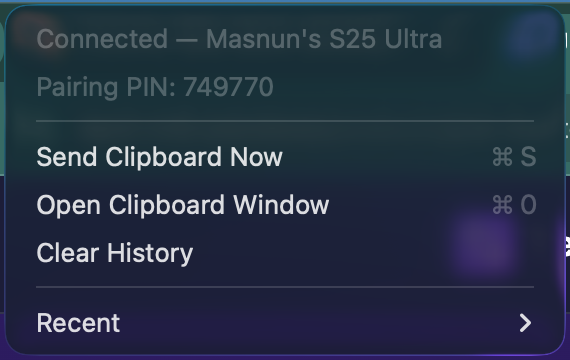 Droid M8 menu bar dropdown showing pairing PIN and quick actions